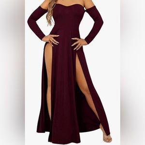 Woman, elegant, off shoulder, double high slit, long sleeve, maxi dress